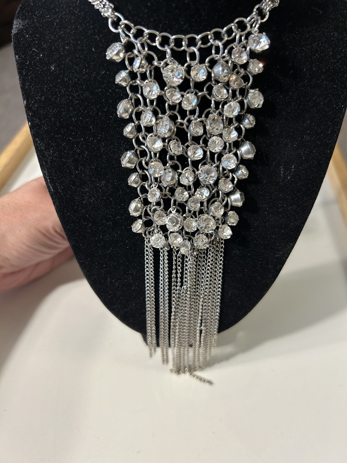Vintage Silver Toned Bib Necklace with Multiple Rhinestones & Tassels