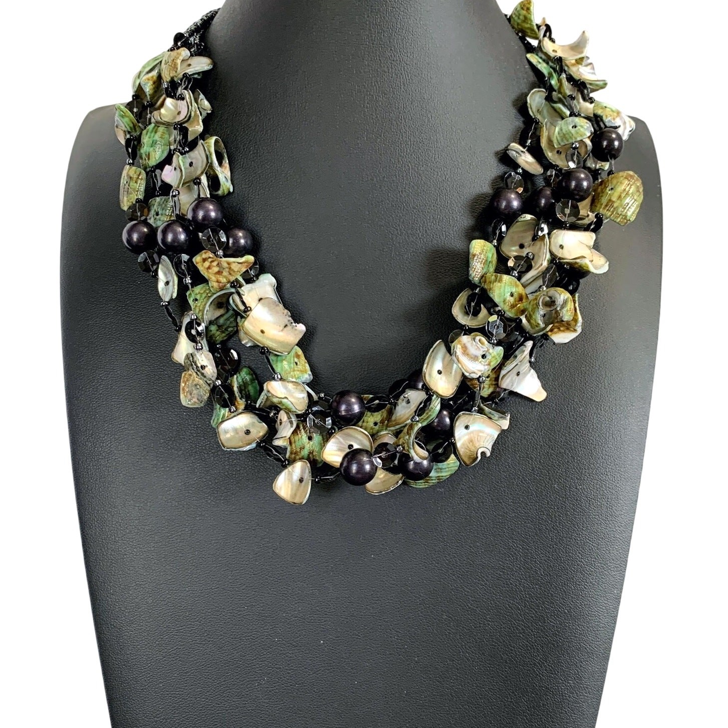 Vintage Green Shell Multi-Strand Statement Necklace – Midnight Tide
