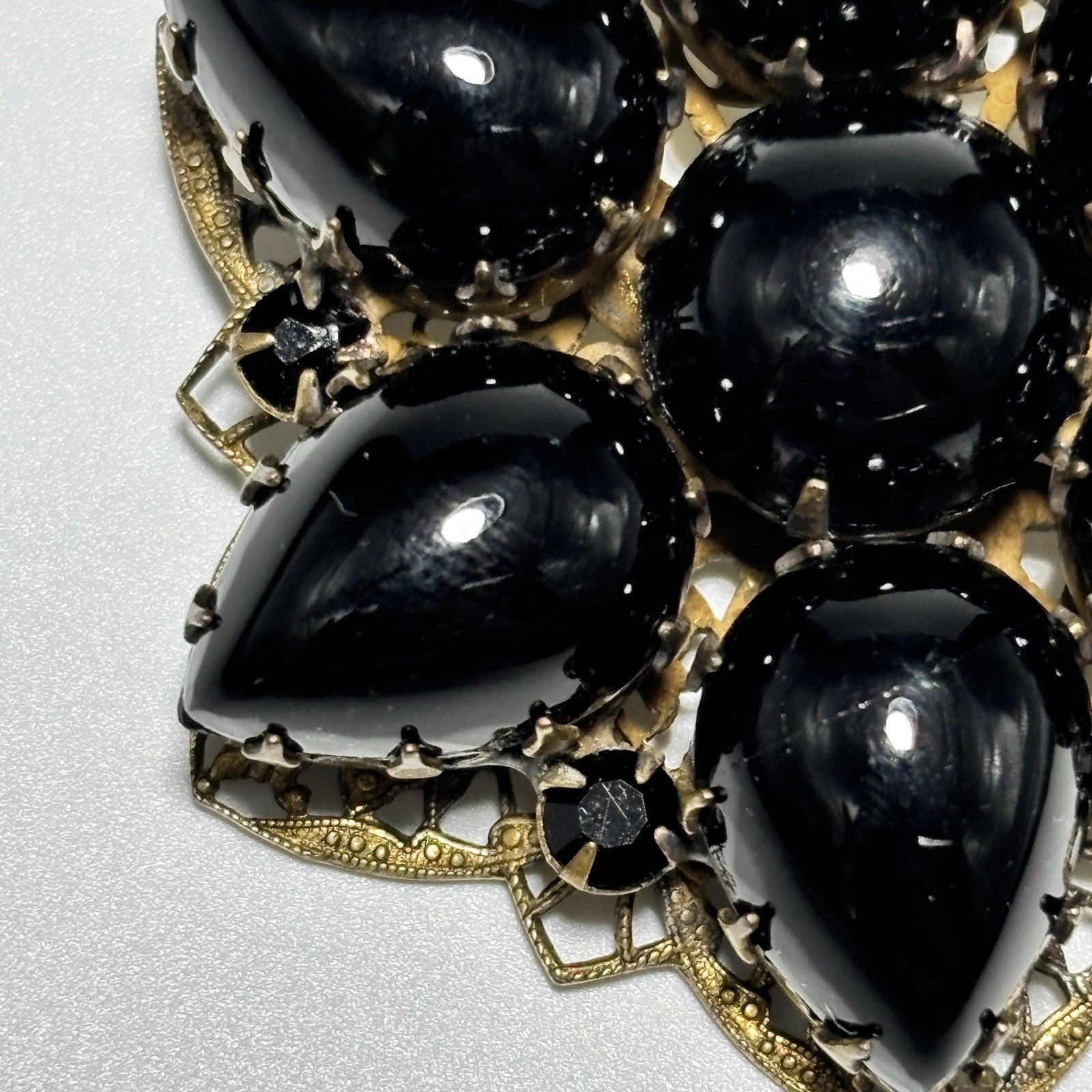 Vintage Brooch Pendant Teardrop Black Glass Cabochons Double Layered 2-1/8″ Long