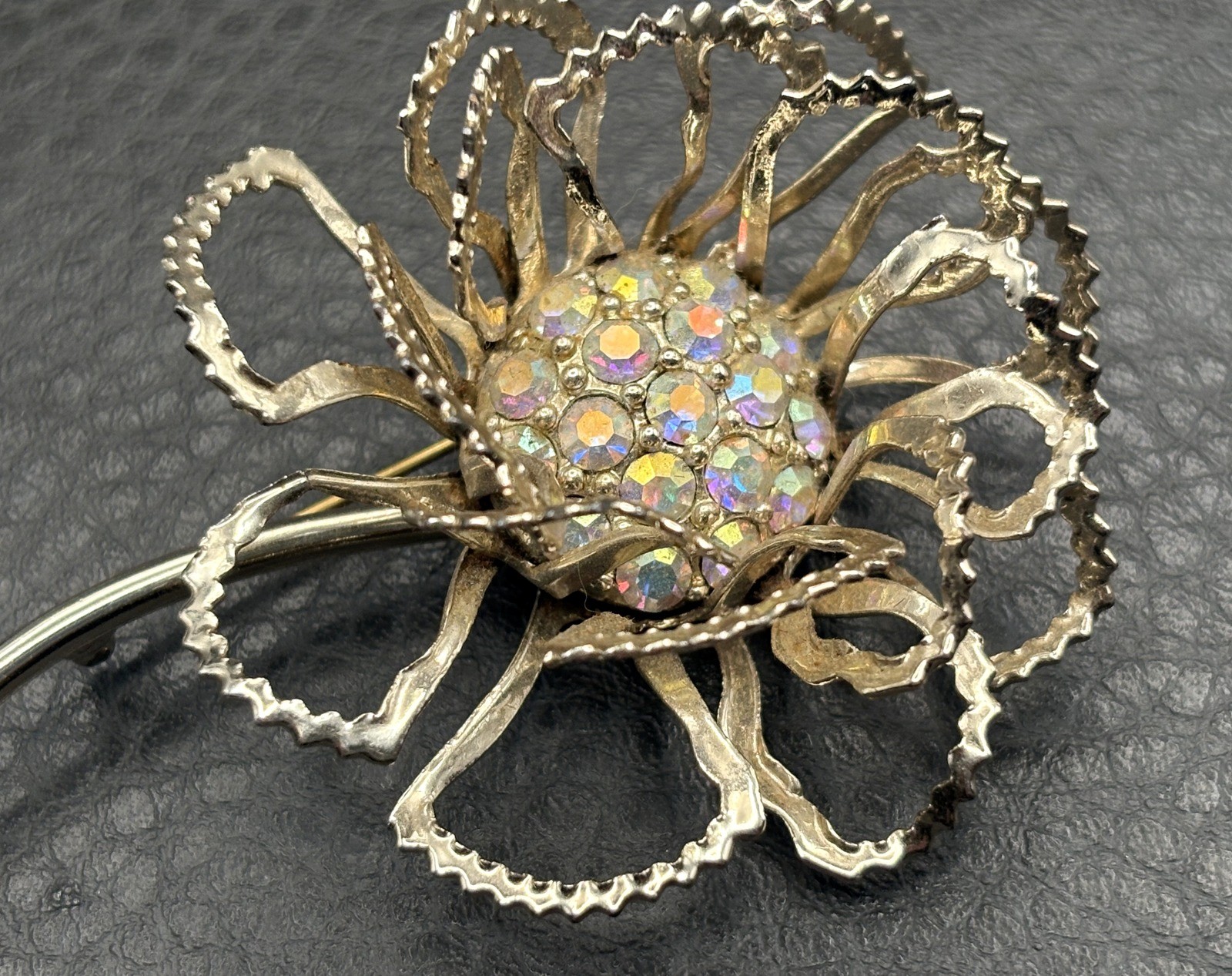 Sarah Coventry Vintage Gold Tone Aurora Borealis AB Rhinestone Flower Brooch Pin
