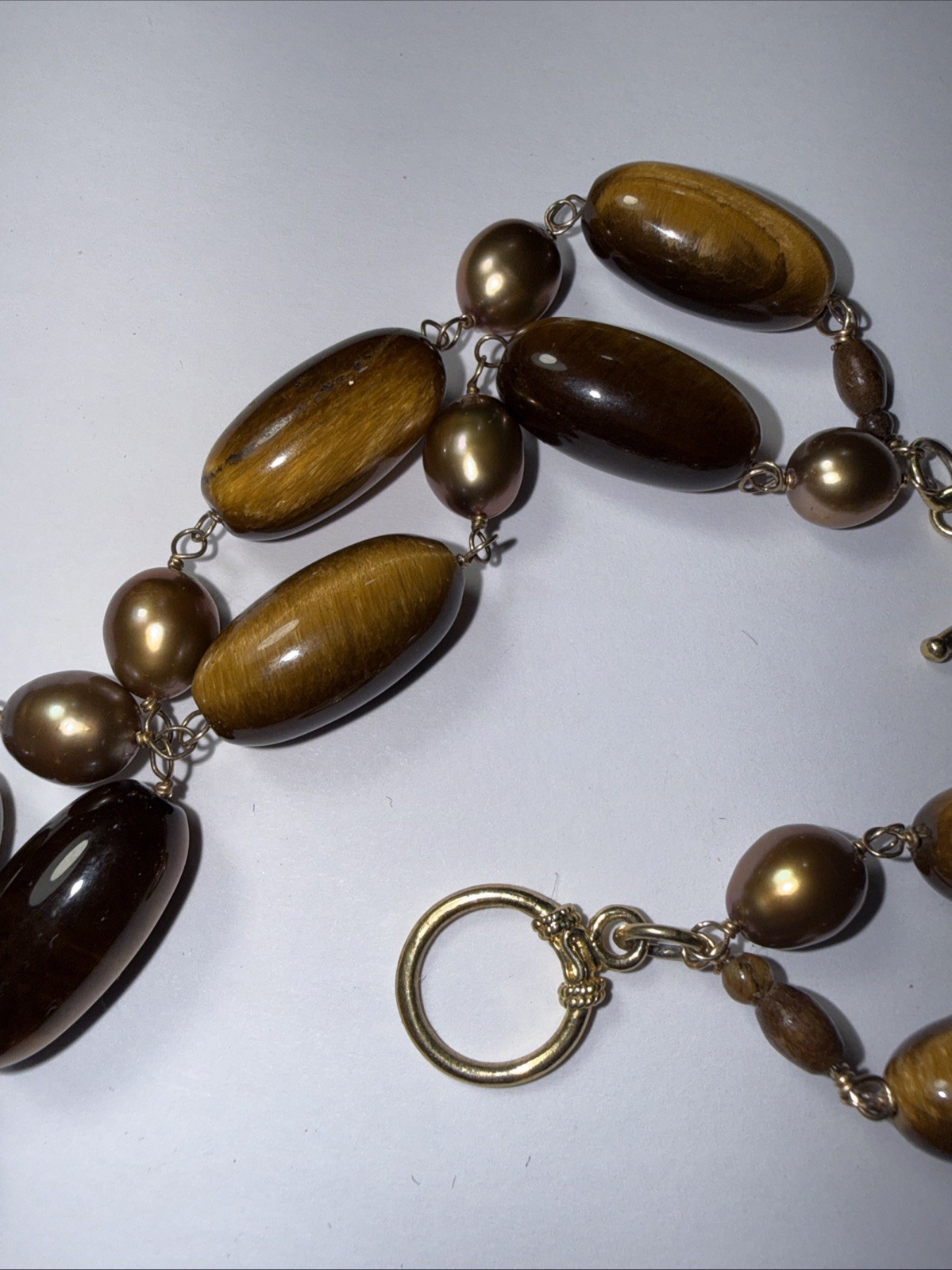 Necklace 2 Strand Tiger’s Eye Cultured Pearl Vermeil Toggle Clasp Vintage Unused