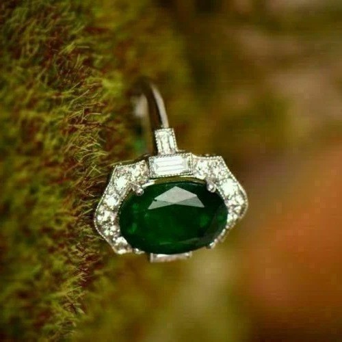 3Ct Art Deco Style Lab Created Emerald & Diamond Wedding 14K White Gold FN Ring