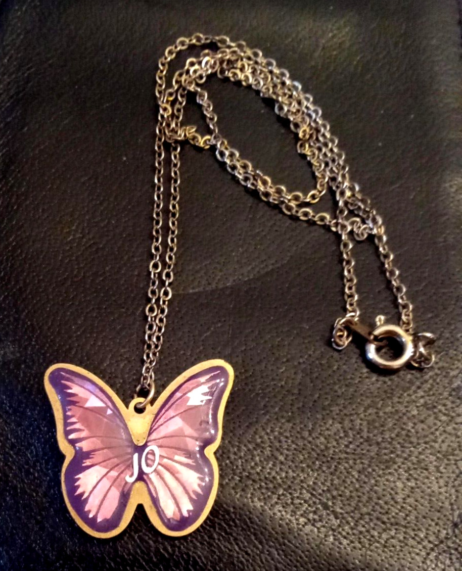 Reversible Butterfly 1″ Pendant NECKLACE 18″ Silver tone Chain Blue/Pink name JO