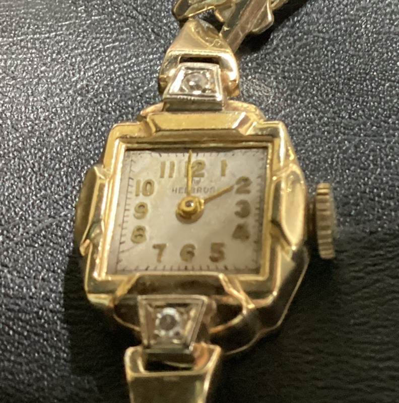 Vtg 14k Gold Helbros Ladies Watch 14K GOLD 2 Small Diamonds 1950’s For Repair