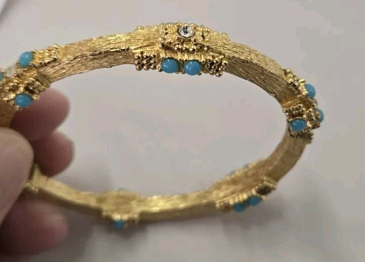 Vintage 1968 Grosse (Germany) Gold Plated Oval Bangle Bracelet W Turquoise 2.75″