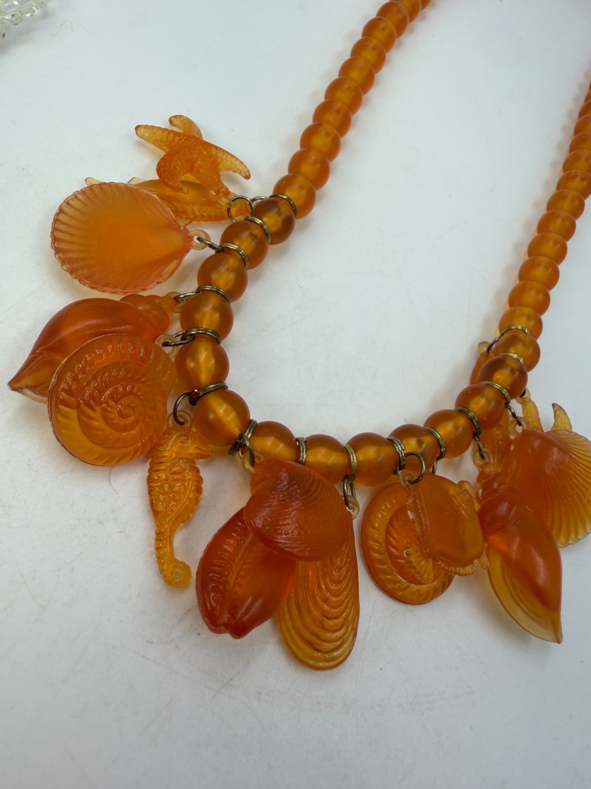 Vintage Necklace Plastic Orange Fish Seashell Beach Nautical 24 inches