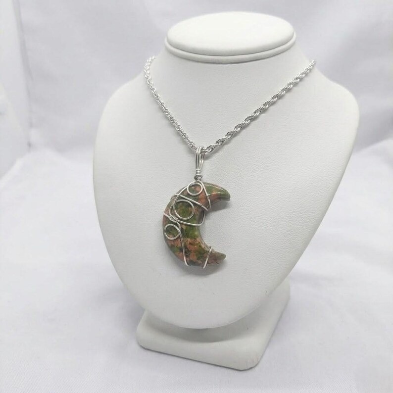 Unakite Pendant Necklace, Handmade Wire Wrapped Green Pink Stone Charm