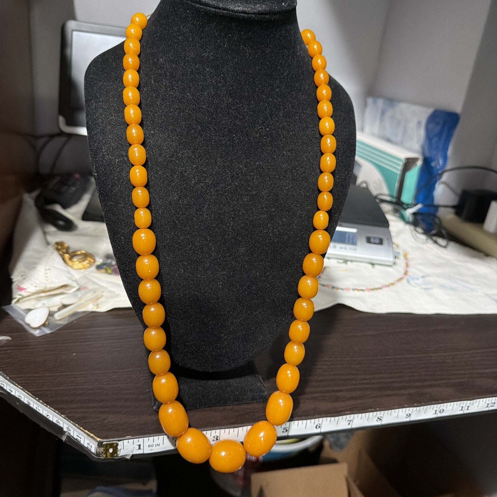 Vintage Butterscotch Bakelite Tested Graduating Beads 30” Gold Plate Necklace