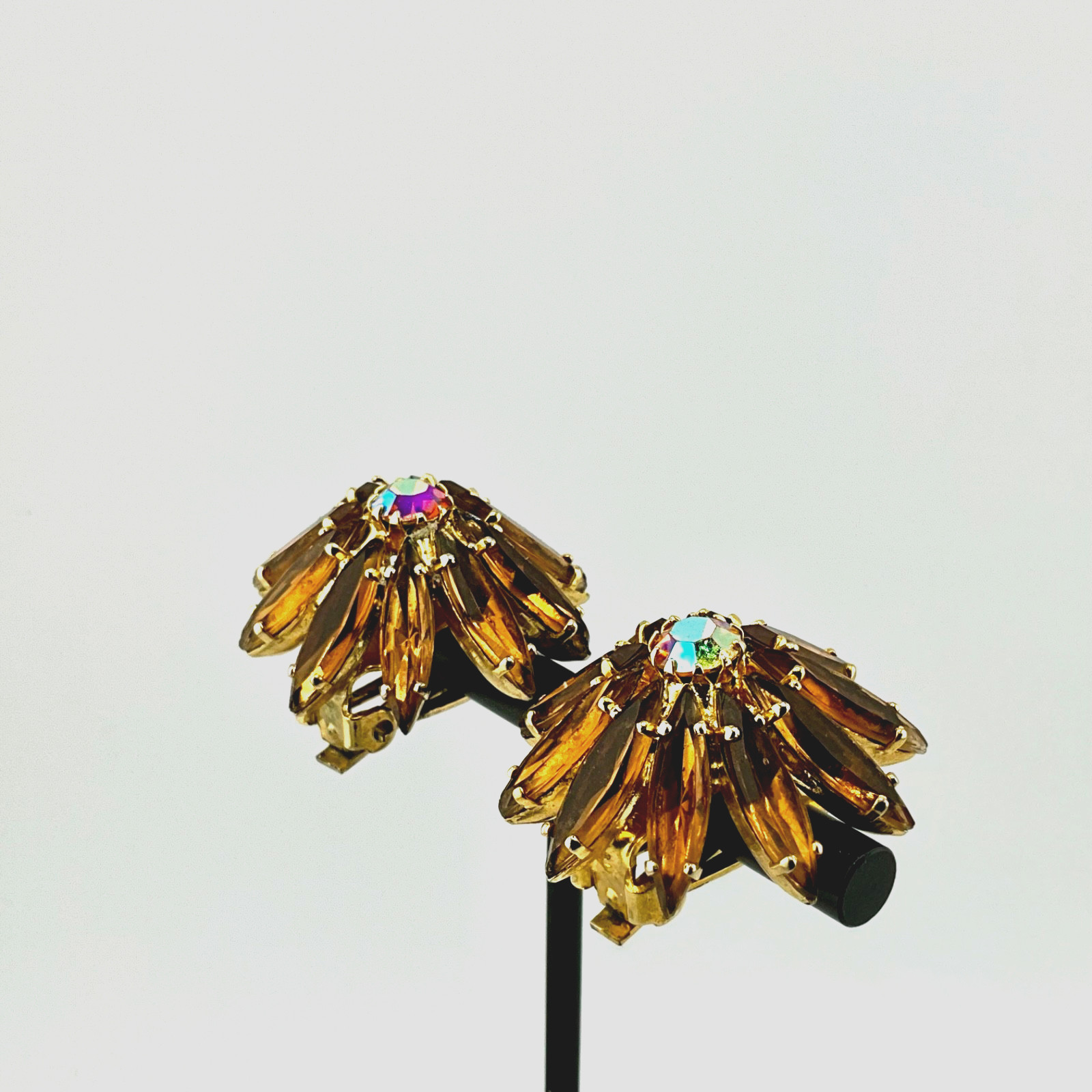 Vintage Mid Century Juliana Clip-On Earrings Navette Domed Amber AB Crystal