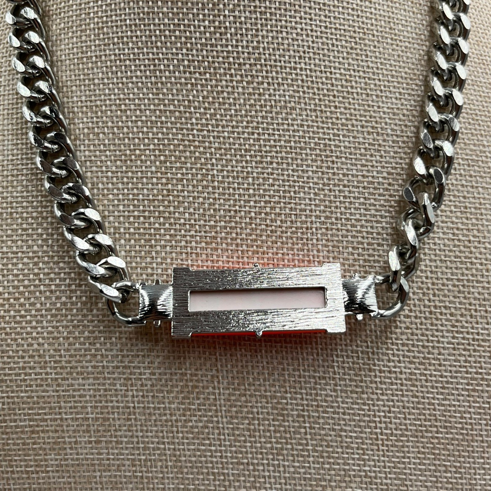 VTG Statement Chunky Silver Tone Curb Chain Necklace Faceted Rectangle Pendant