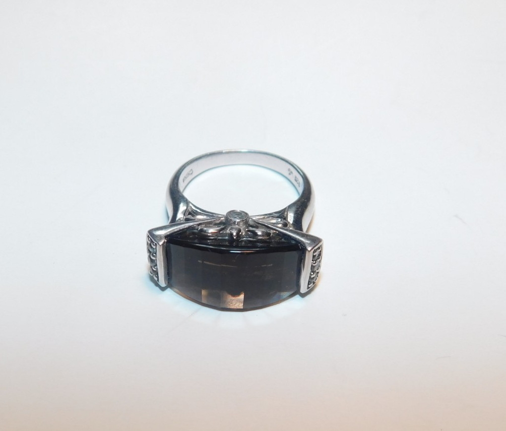 Very Unusual Vintage Smokey Quartz with Accent Diamonds 925 Silver Sz6 #28
