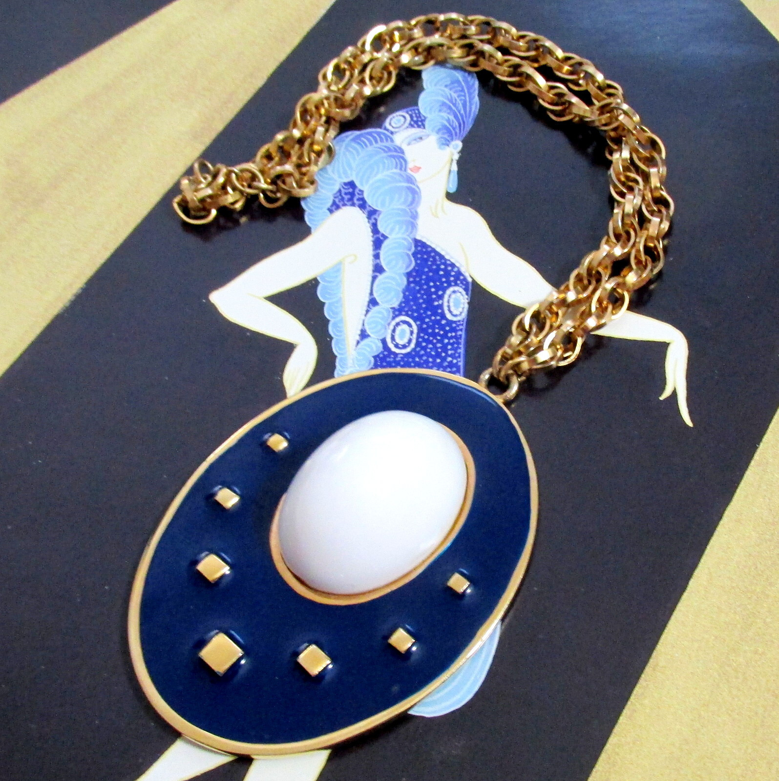 Vtg Runway Rare NAPIER Blue Enamel White Cab Pendant Necklace Book Pc BERTOLLI
