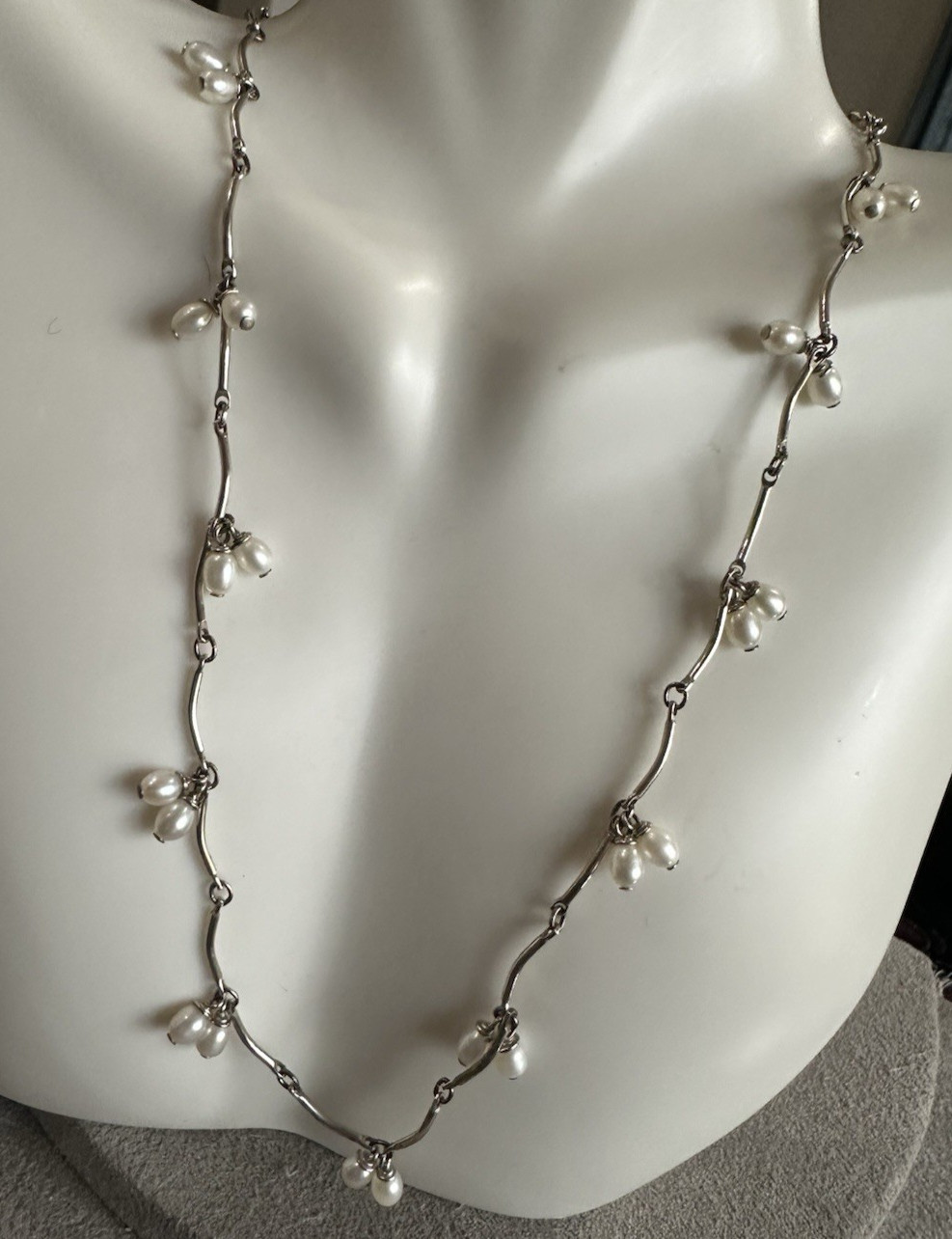 Vintage Sterling Silver Multi Pearl Dangle Bar Link Necklace