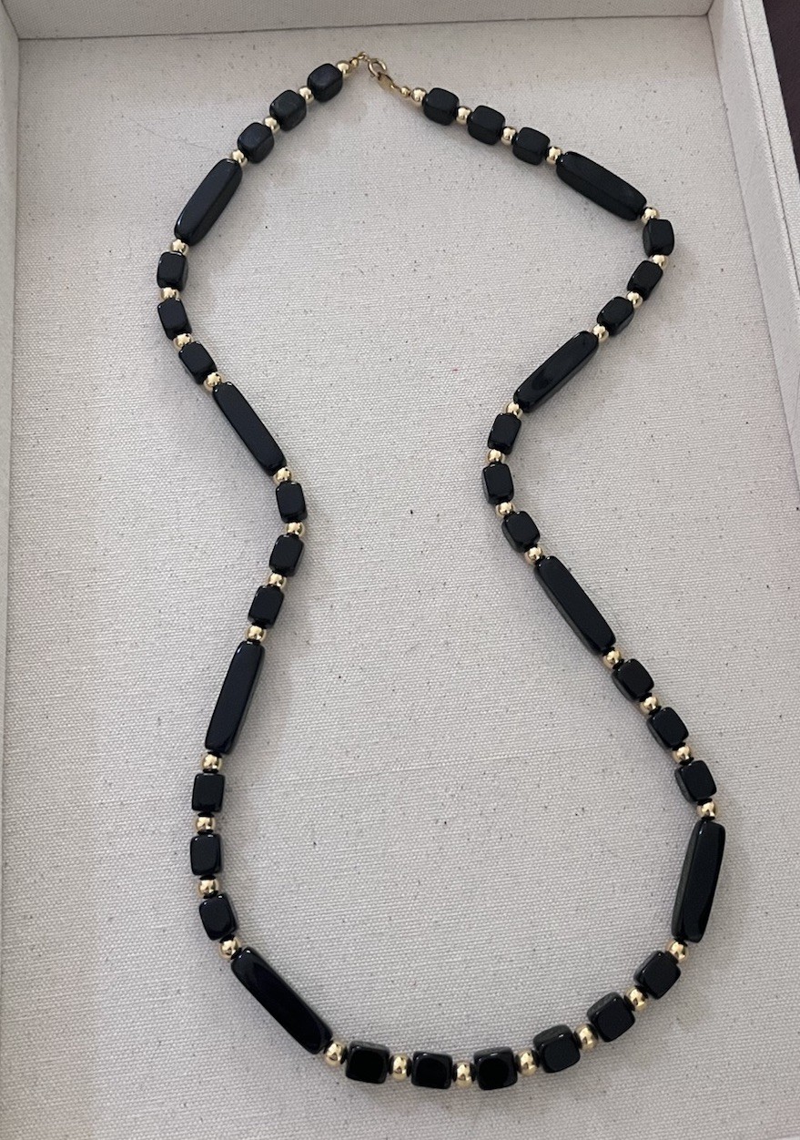 Trifari Signed 1970’s 1980’s Black Gold Resin Acetate Metal Beaded 30” Necklace
