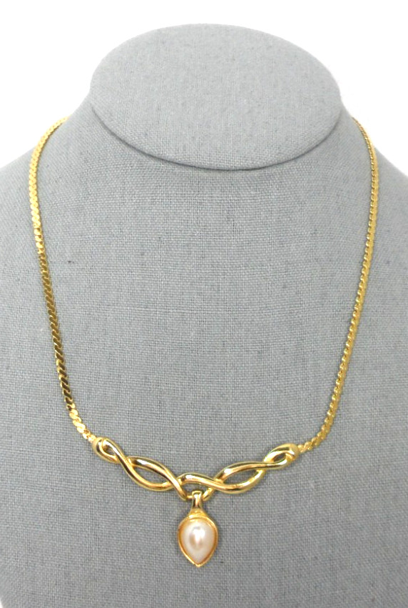 Victorian Revival Scroll Necklace Faux Pearl Drop Cobra Chain Choker Granny Core