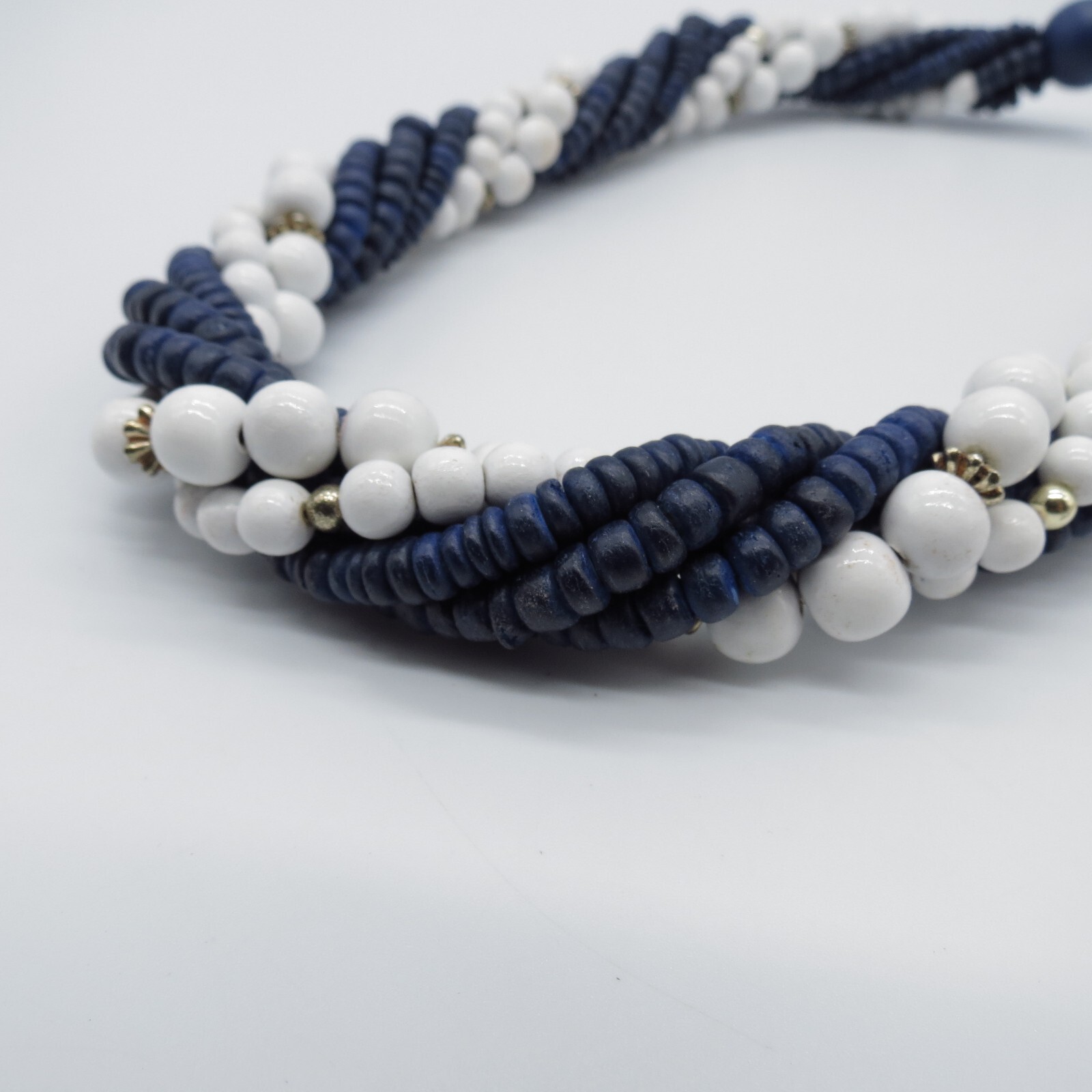 Blue White Bead Torsade Statement Necklace Boho Ethnic 19″