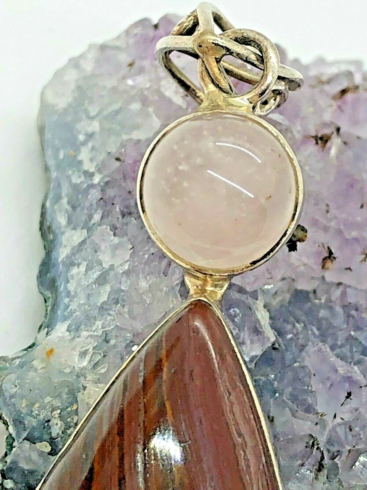 Vintage Sterling Silver Tiger Iron Rose Quartz Teardrop Pendant 8.2 Grams