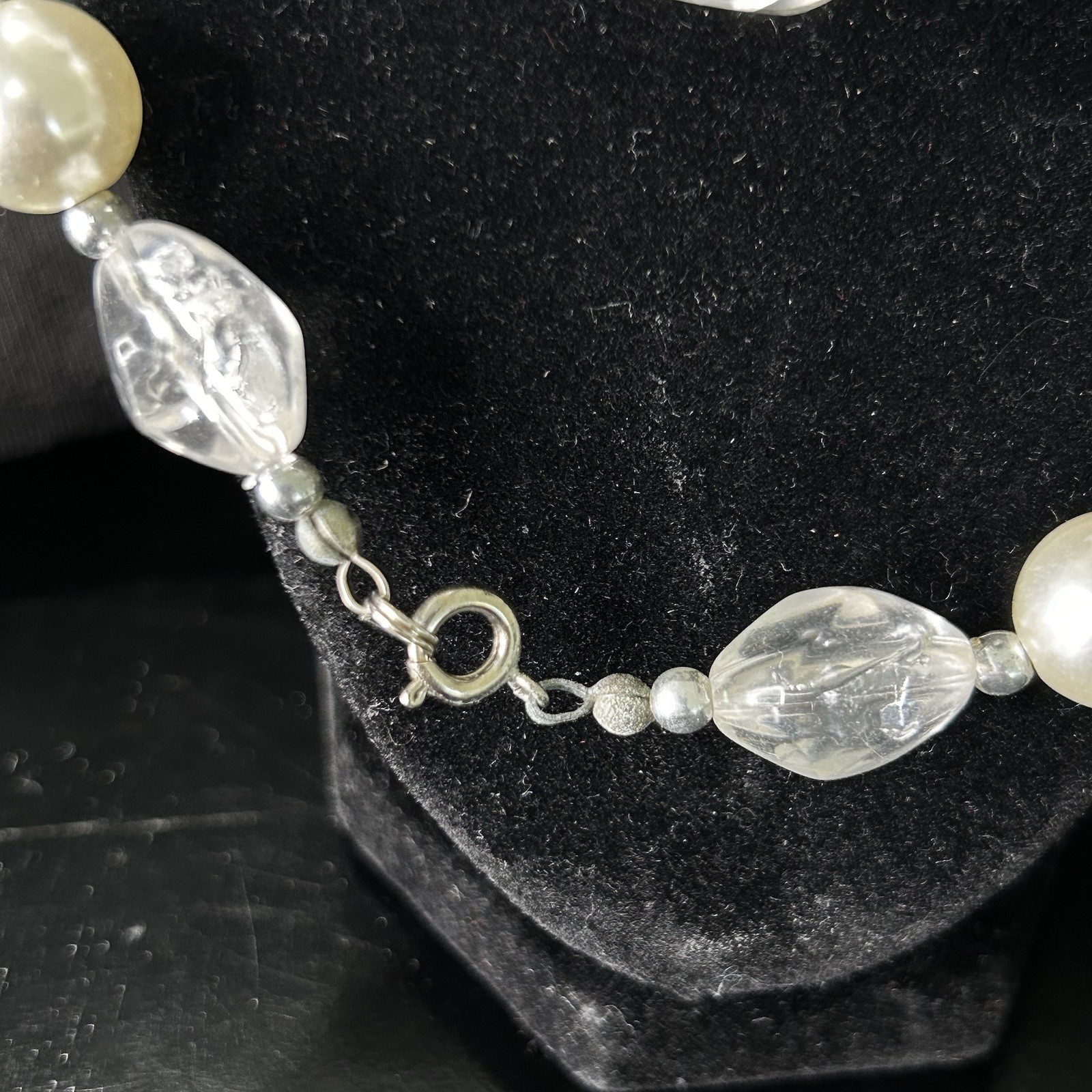 Vintage Baroque Strung Pearl Beaded Necklace with Elongated Clear Acrylic 22”