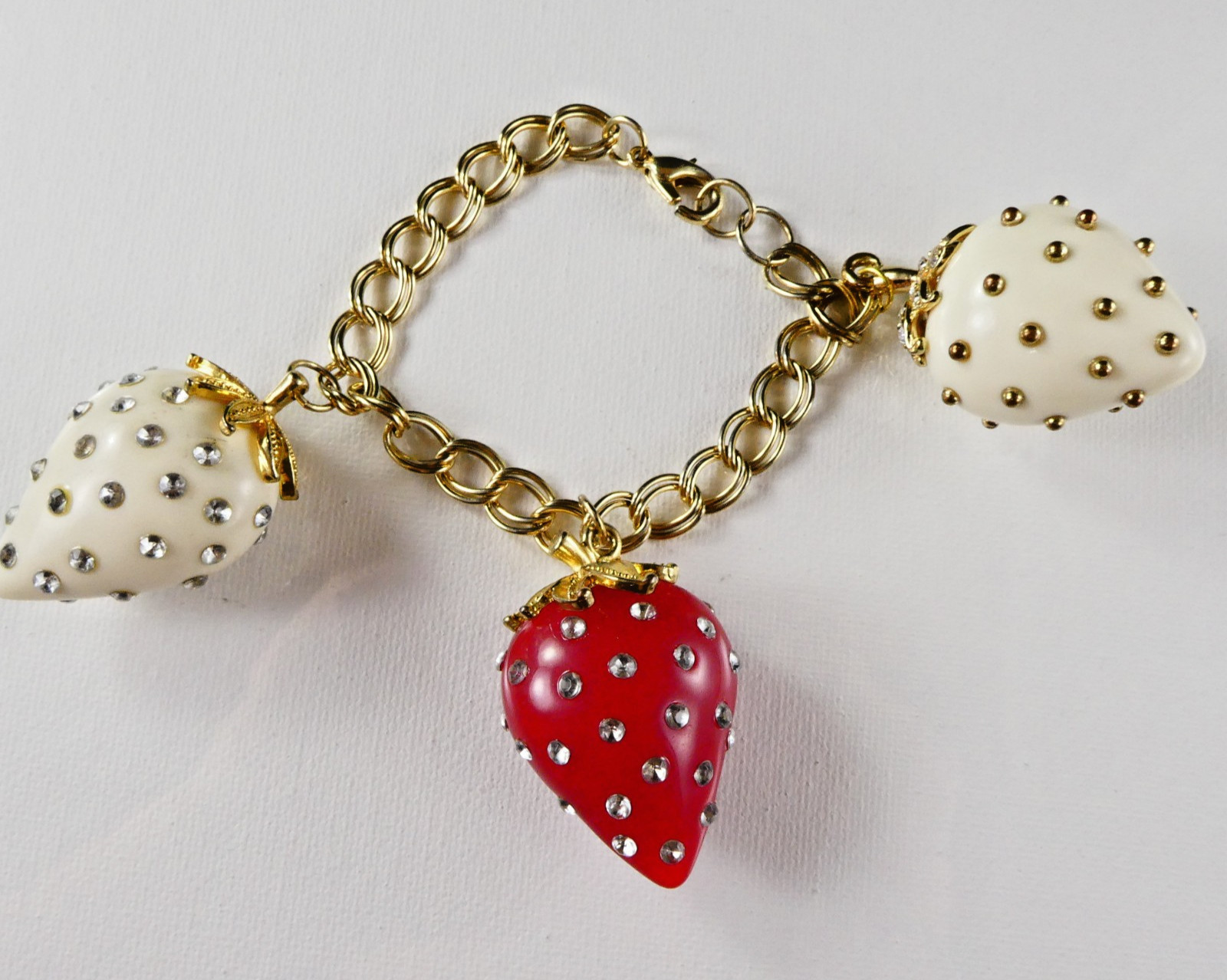 Vintage Strawberry Charm Bracelet 3 Large Charms Red White Gold Tone Double Link