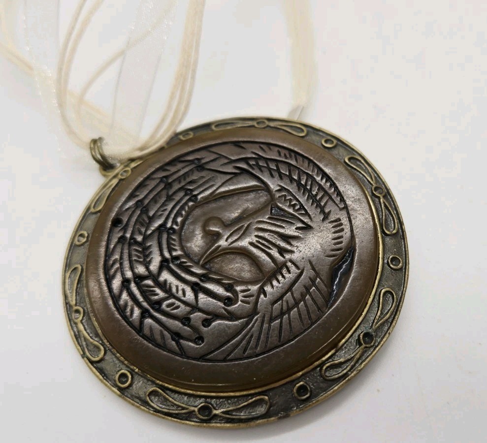 Carved Phoenix Medallion Pendant Necklace Ribbon Statement Vintage 18 in