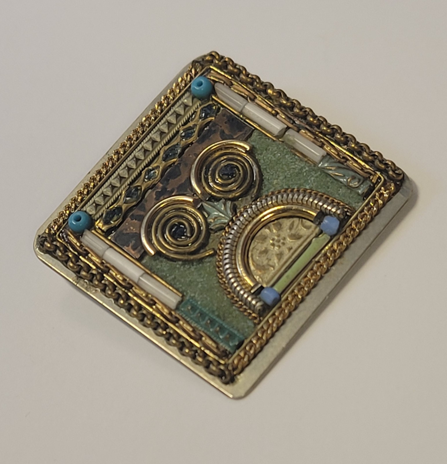 Abstract Wire Art Owl On Handcrafted Beaded Mixed Media Square Brooch Vintage