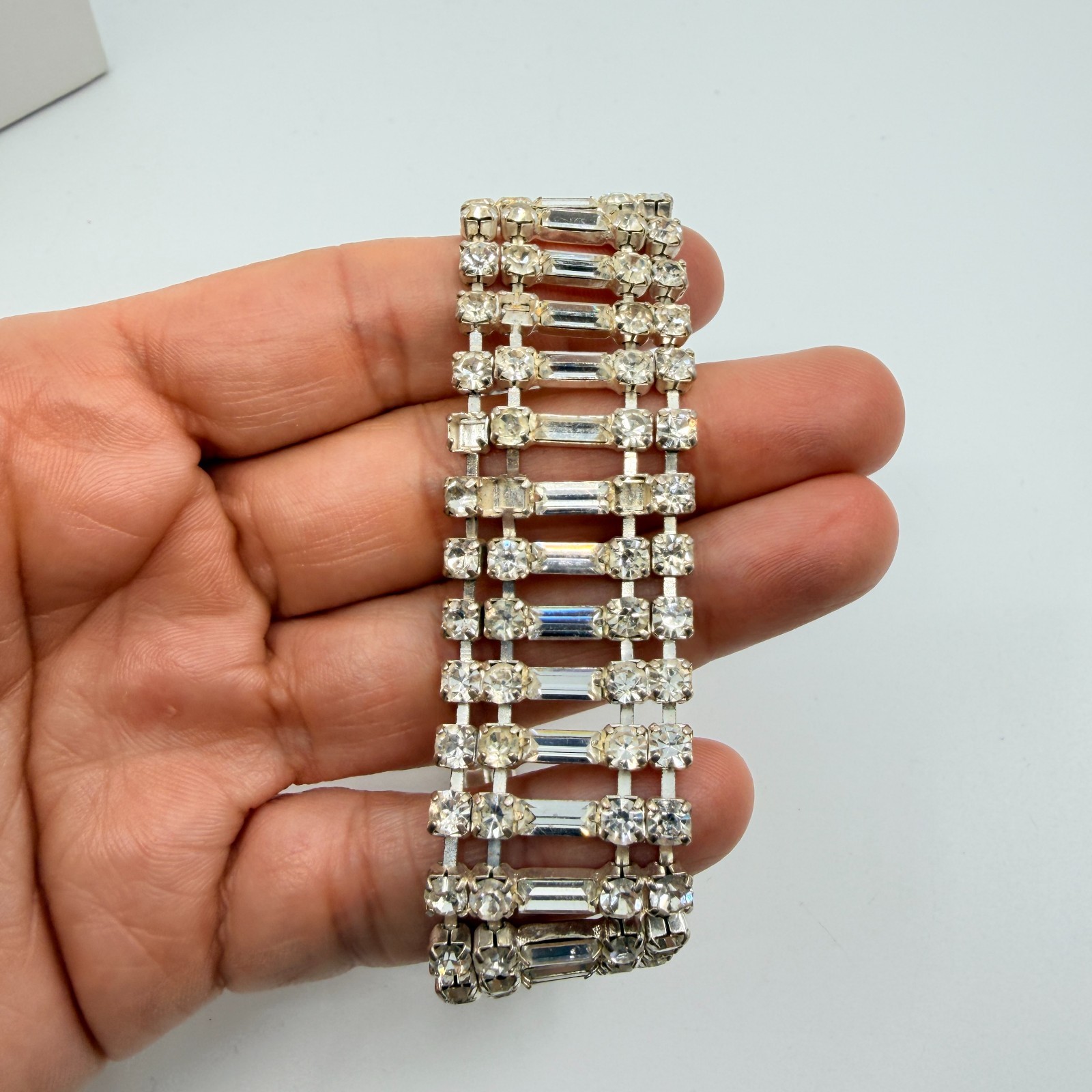 Vintage Mid Century Clear Rhinestone Baguette Choker Necklace Silver Tone Wide