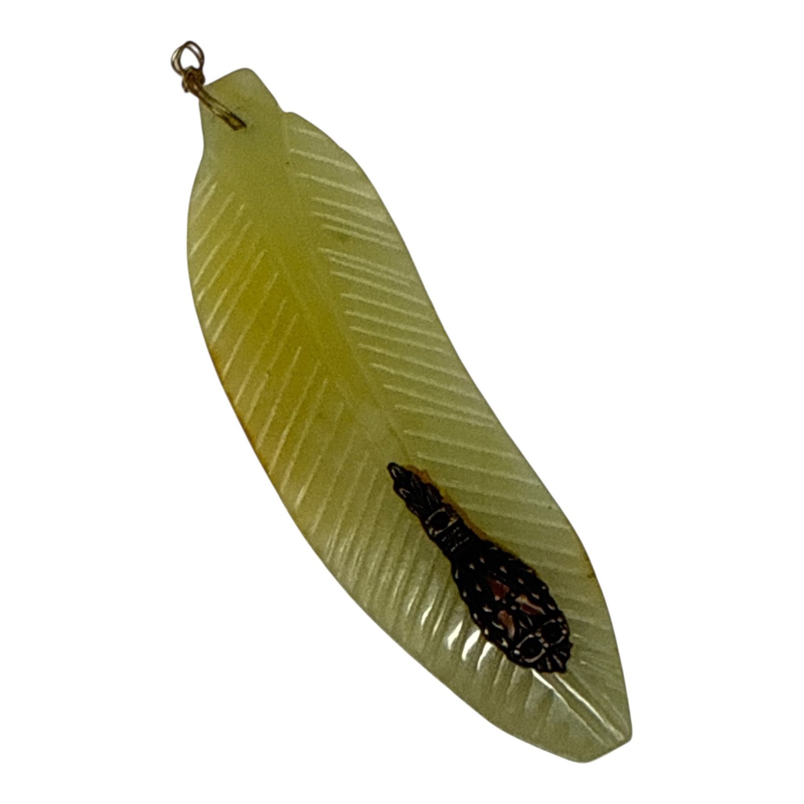 Vintage Jadeite Feather Pendant Carved Leaf Green Jade Lucky Charm