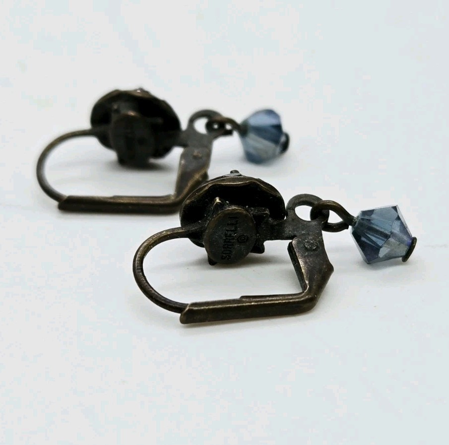 Sorrelli Dangle Earrings Blue Crystal Rhinestone Brass tone Leverback .75 in