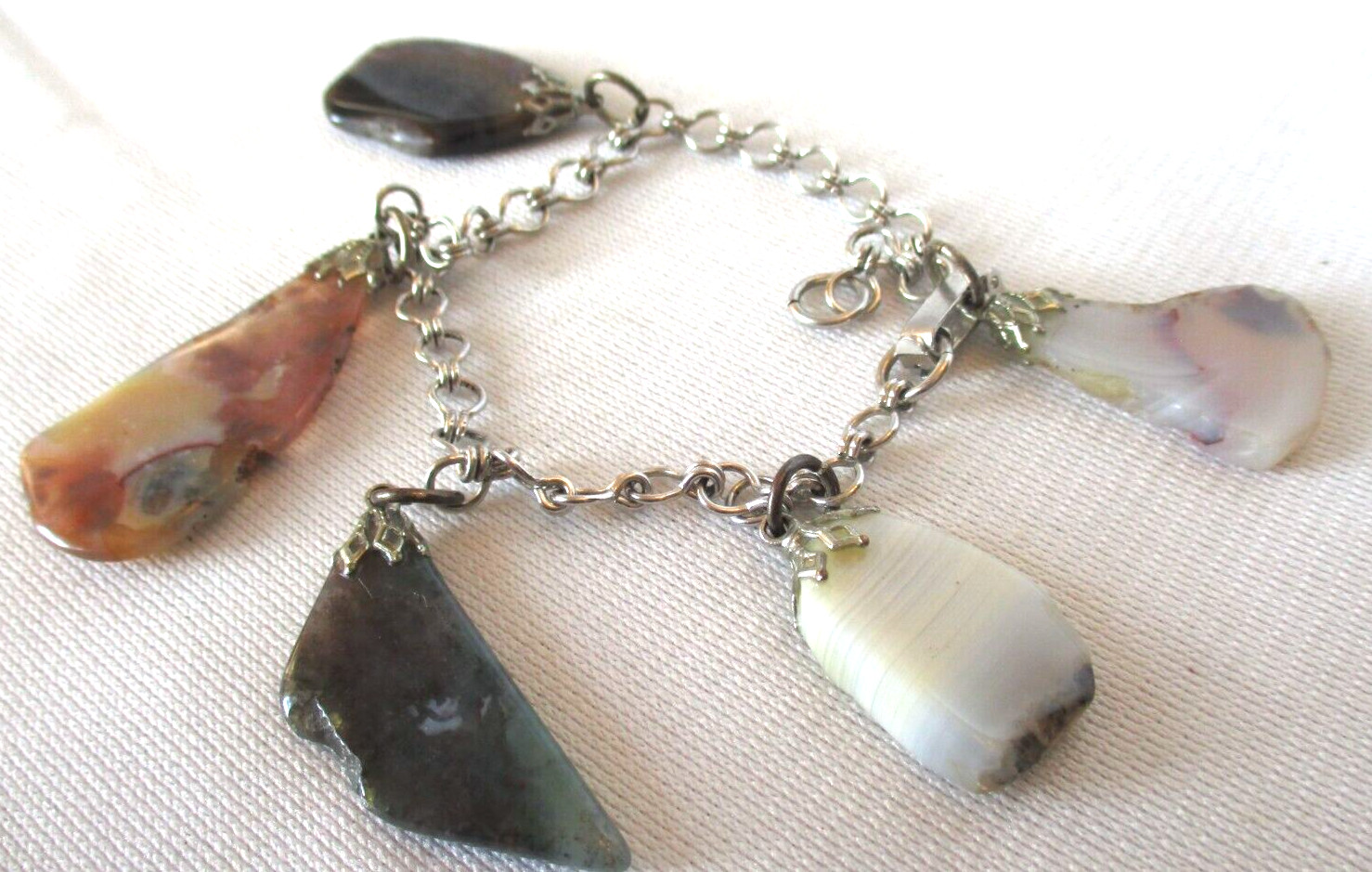 Awesome Handmade 5 Different GEMSTONE On A Silver Tone Bracelet