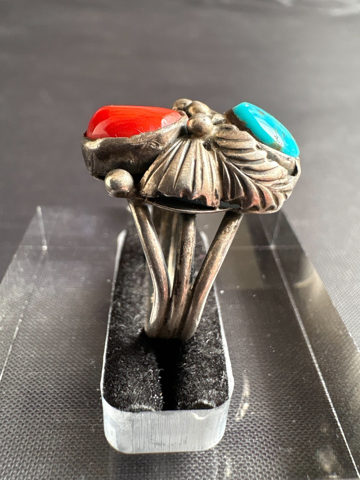 Vintage Silver Native American JW Turquoise & Coral Ring Size 6.5 US