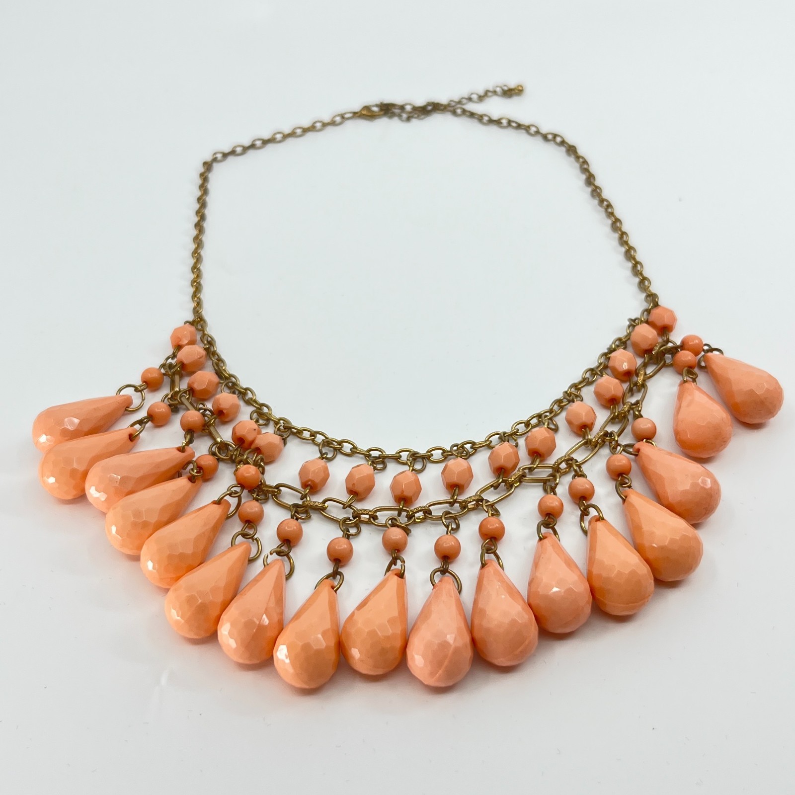 Vintage Retro Peach Teardrop Bib Necklace Antique Gold Tone Statement Jewelry