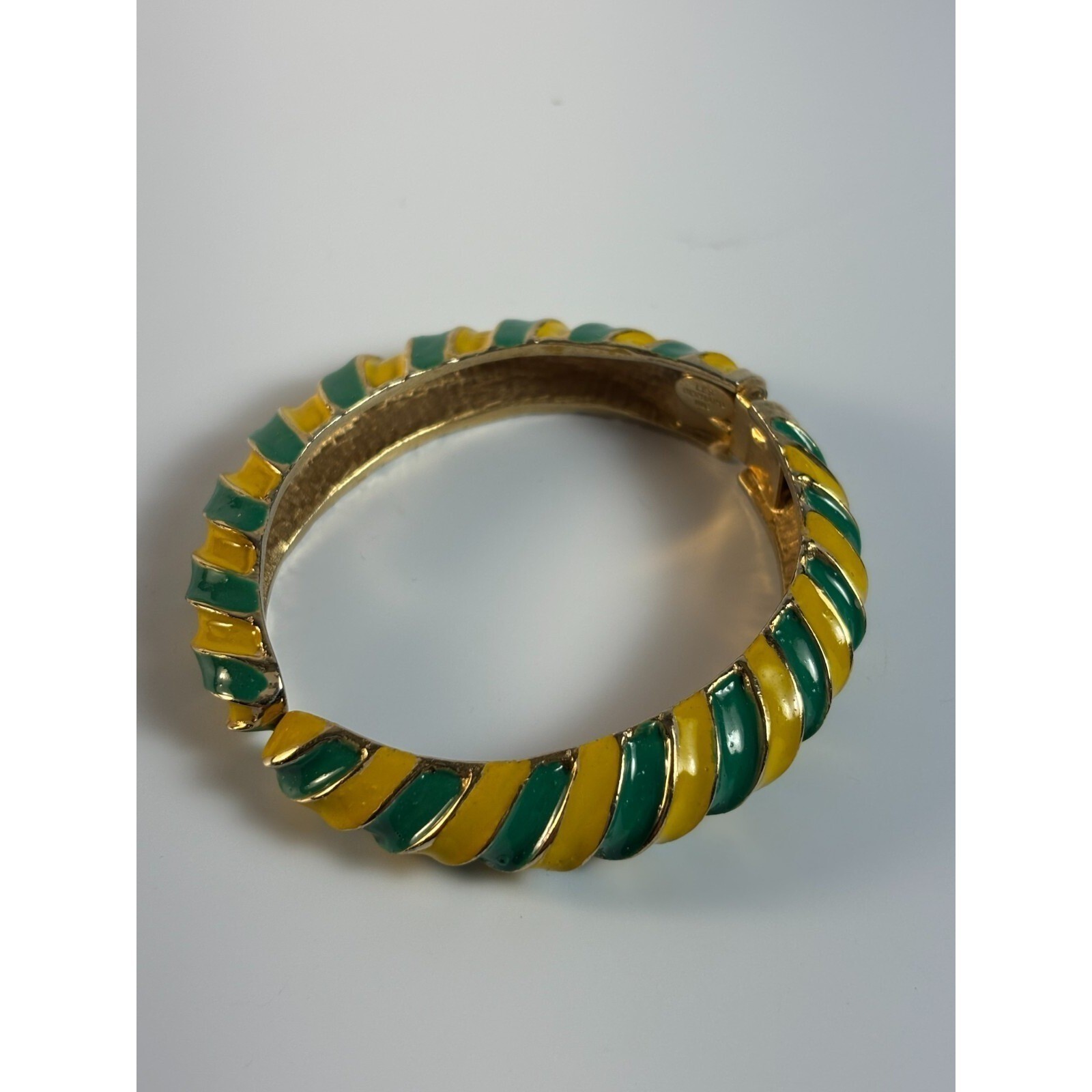Bracelet Cuff Gold Tone Green Yellow Enamel Signed Les Bernard Vintage Hinged
