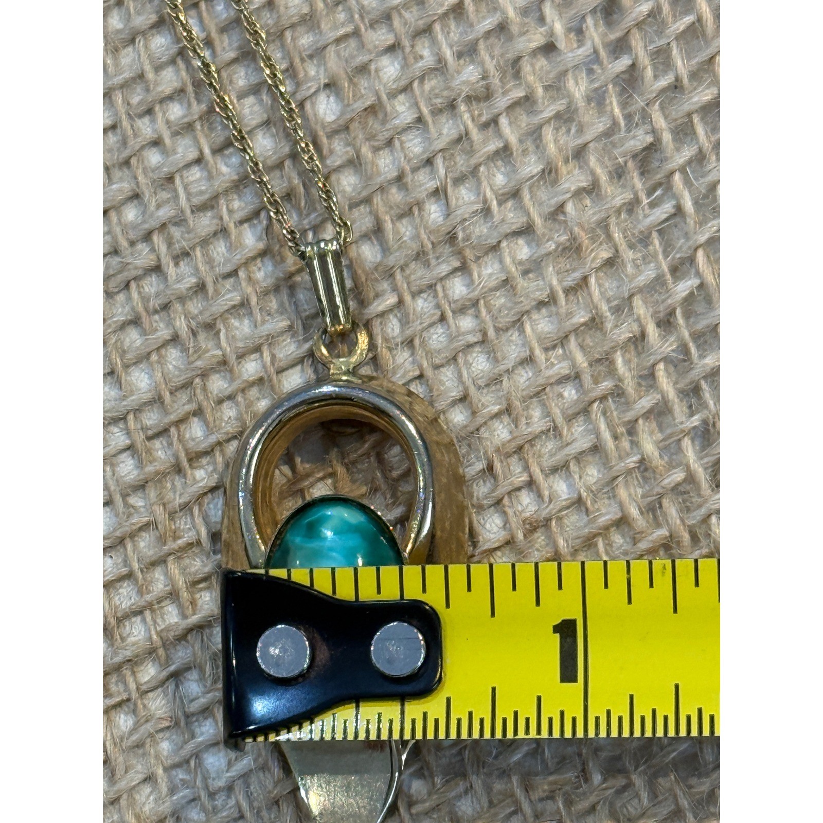 Vintage 12K Gold Filled Teal Green Cabochon Modernist Pendant Necklace 20in