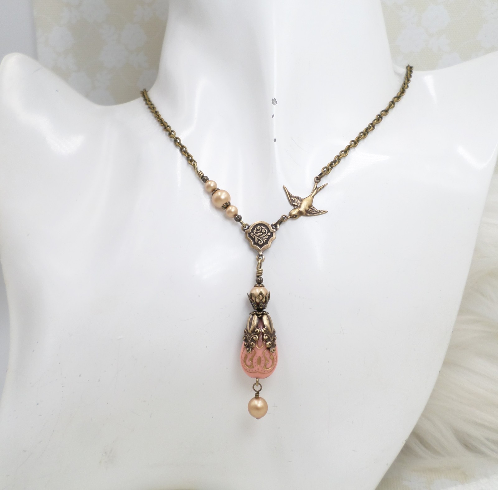 Victorian Style Brass Bird Necklace Pink Acrylic Bead Gold Pearl Handmade Unique
