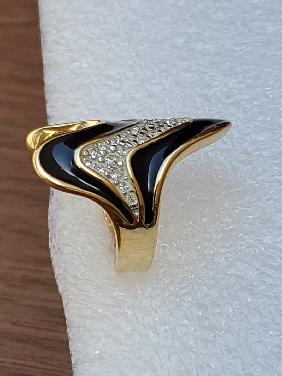 Vintage 18K Yellow Gold Plated Black Enamel And Rhinestones Ring Size 8