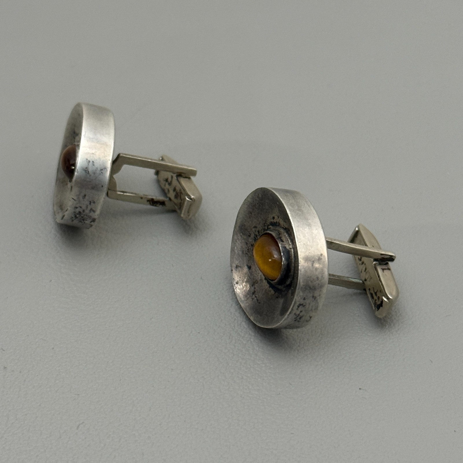 Sterling Silver Tiger Eye Cufflinks Vintage Taxco Mexico BR Men’s 12.4g