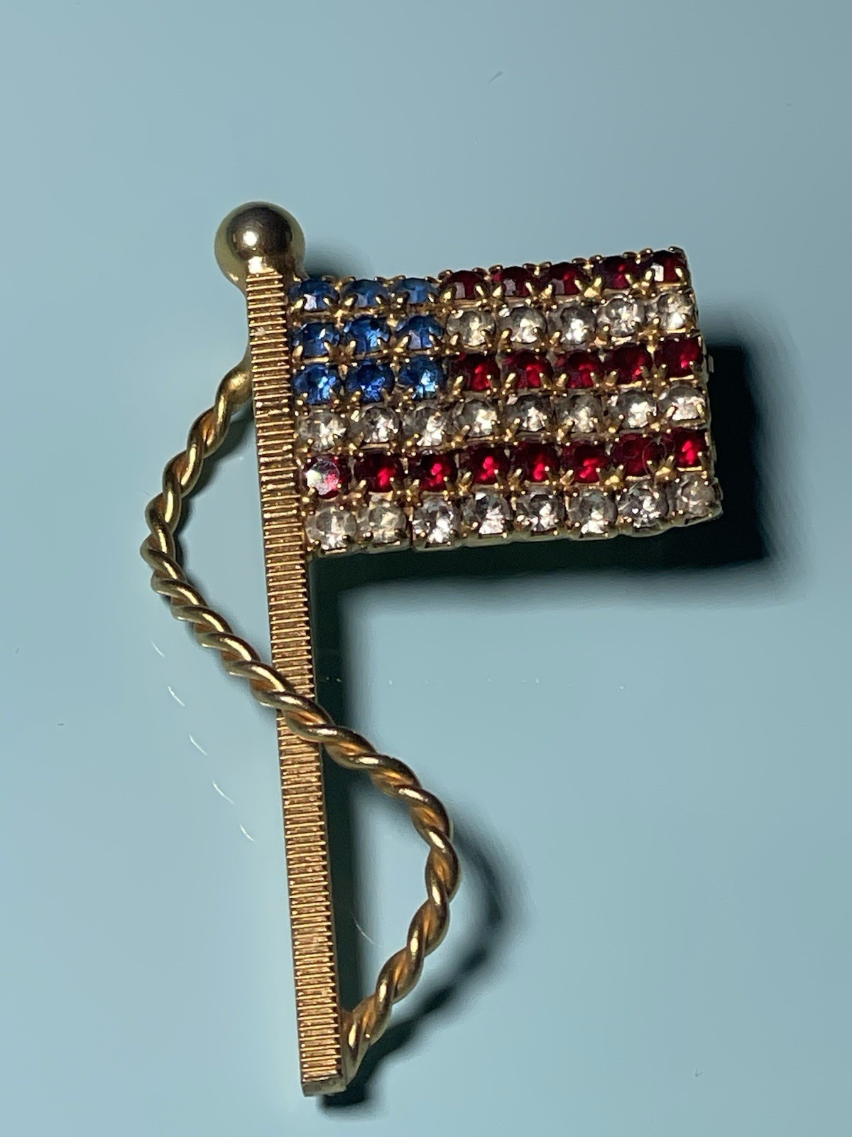 Vintage Rhinestone American Flag Brooch Red White Blue Patriotic Gold Tone Pin