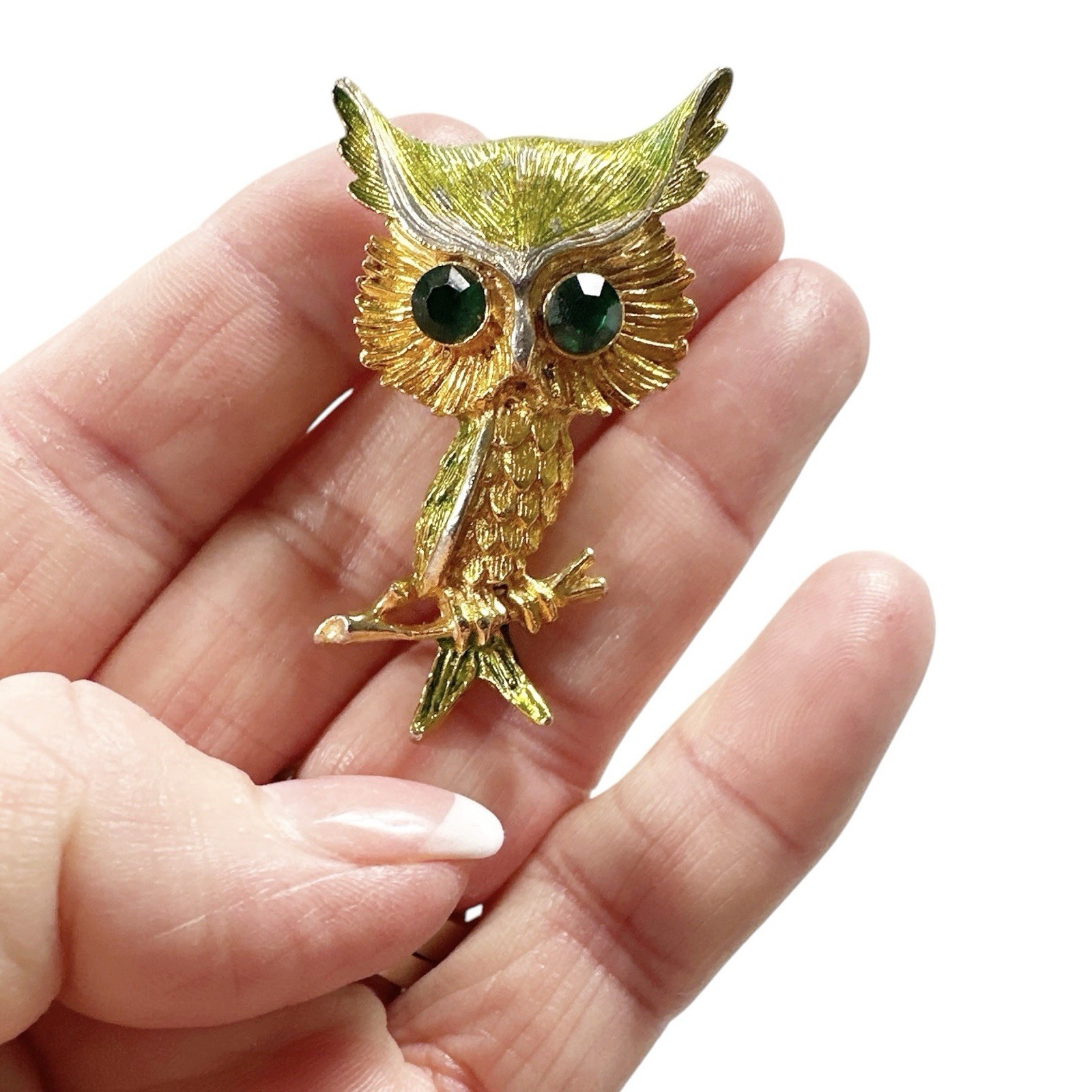 Vintage Owl Brooch Gold Tone Green Rhinestone Eyes Whimsical 3D 2″