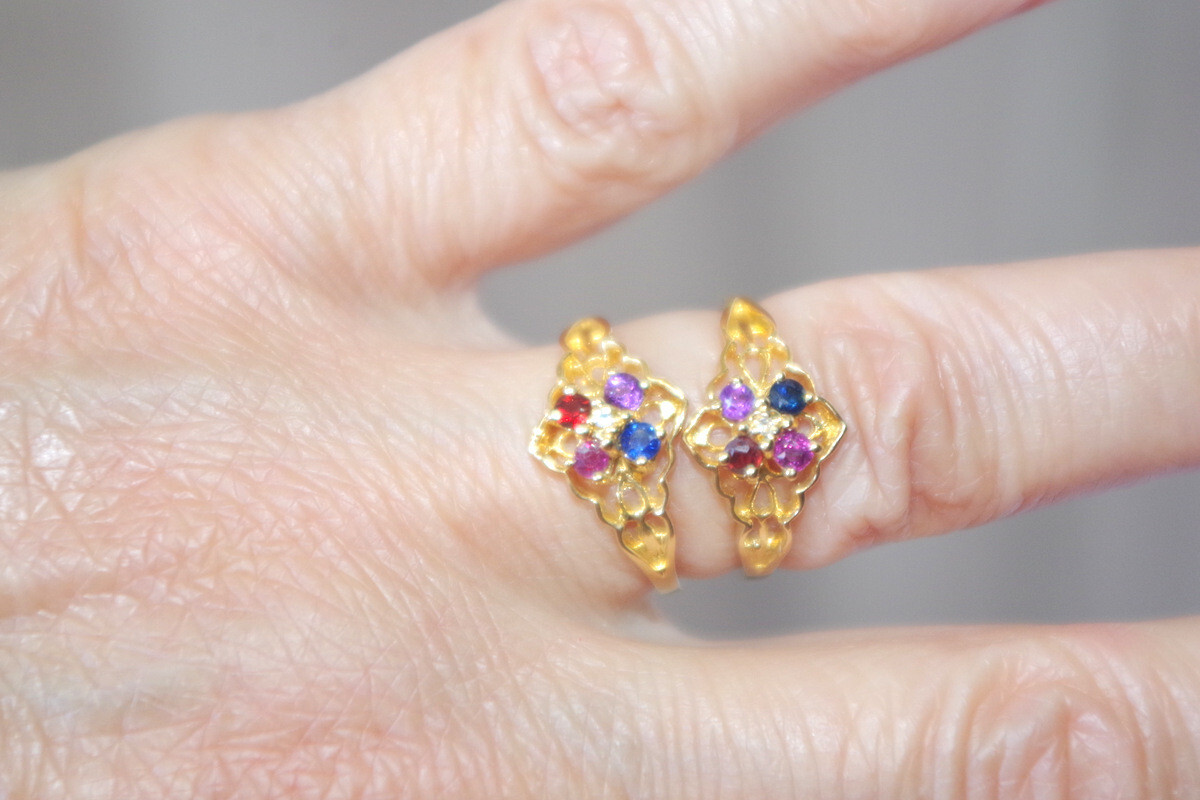 Vintage sapphire, Ruby, Amethyst, Smokey Topaz 14k GF Cocktail Four Stone Band R