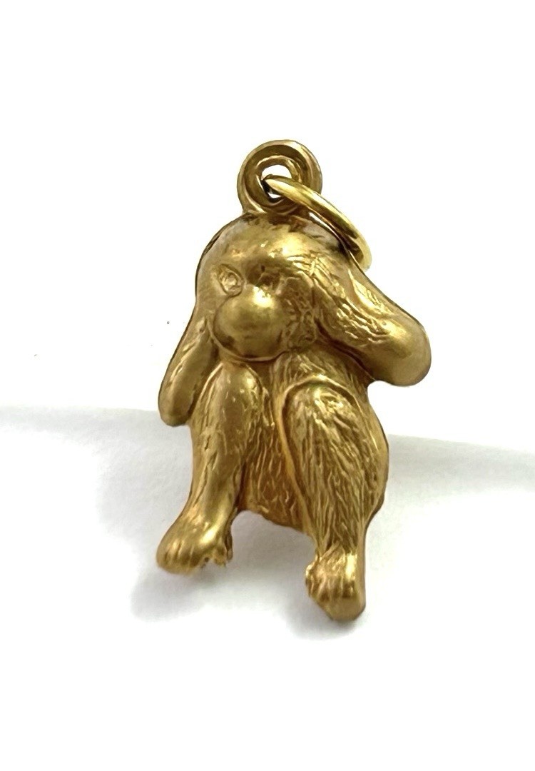 Vintage Charm Hear No Evil Monkey Necklace Pendant Puffy Brass Metal Jewelry