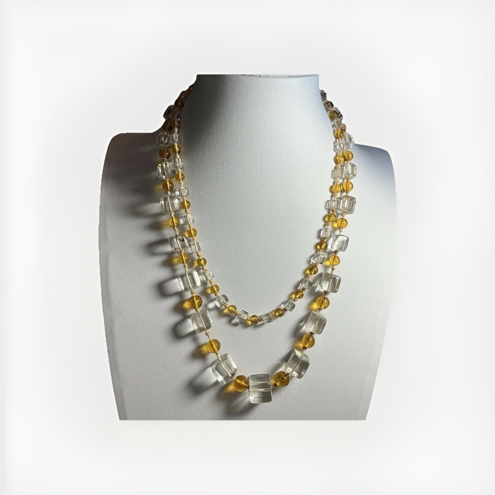 Vintage Czech Glass Necklace Yellow Graduated Cube & Clear Round Bead 36”