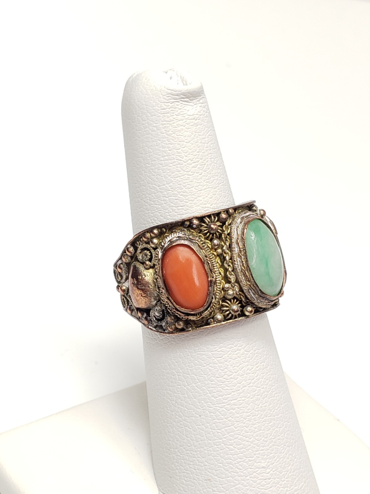 Size 7 Chinese China Export Antique Art Deco Era Filigree Jade Coral Ring