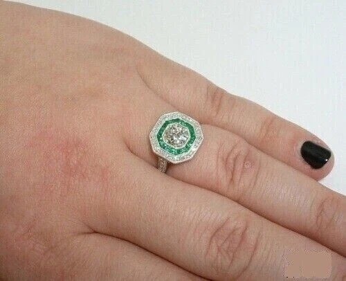 Art Deco Style Lab Created Diamond & Emerald Anniversary 14K White Gold FN Ring