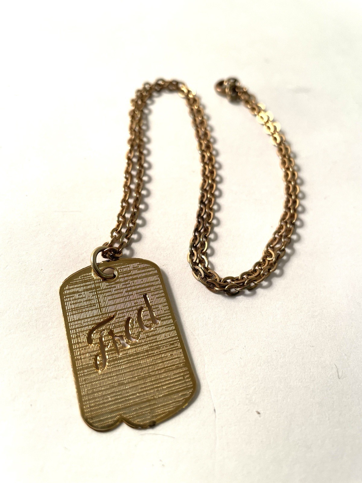 Vintage Mens Dog Tag Necklace Gold Tone Fred Nameplate 9” Chain Link A.J.R. Co.