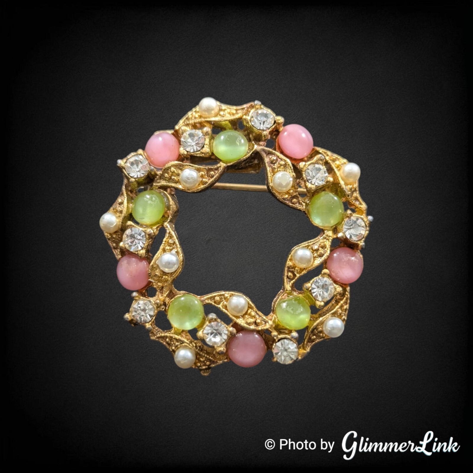 Vintage Pastel Multicolor Moonglow Cabs Faux Pearl Rhinestone Wreath Brooch Pin