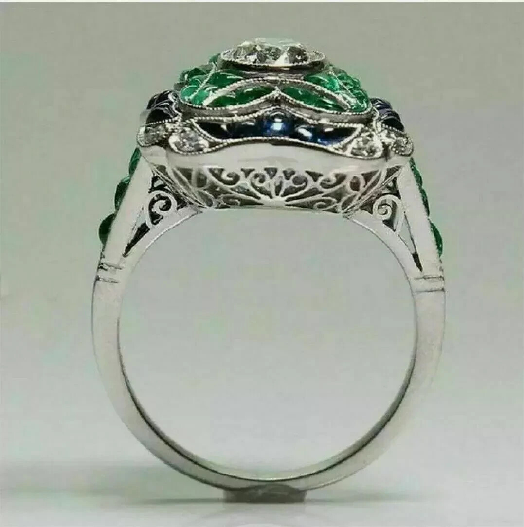 Art Deco Style Lab Created Diamond Emerald Engagement Ring 14k White Gold FN