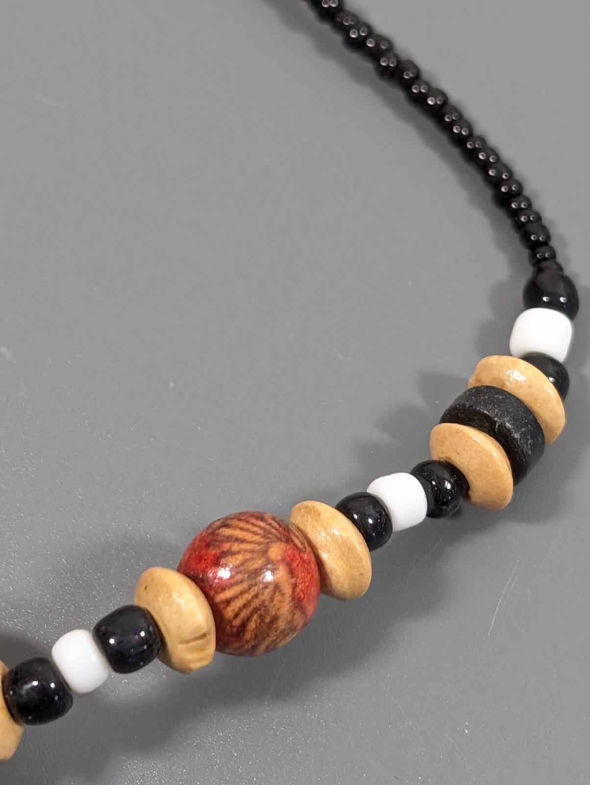 Vintage Brown Wood Tribal Boho Western Black Bead Necklace 20 in