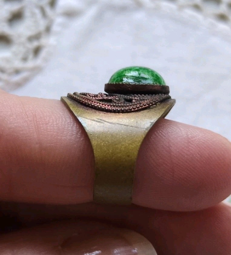 Vintage Made In West Germany Faux Jade Brass Ring Adjustable Size 5