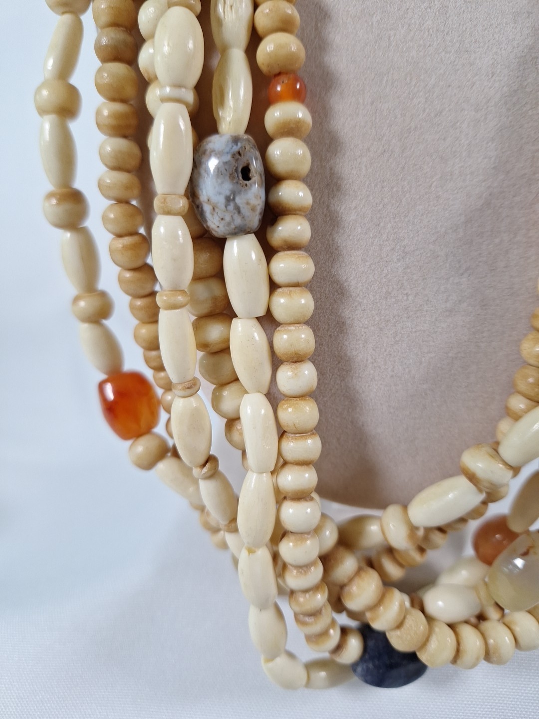Bleached 6 Strand Tan & Beige Necklace With Agates 21.5″