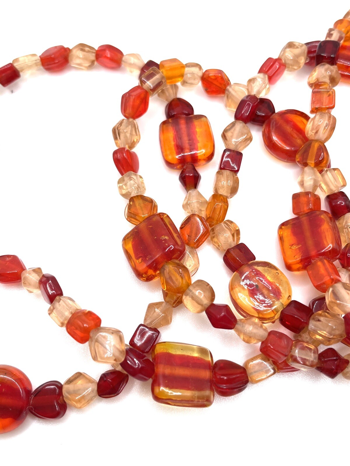 Antique Art Deco Red Orange Fire Glass Beaded Flapper Necklace 44″